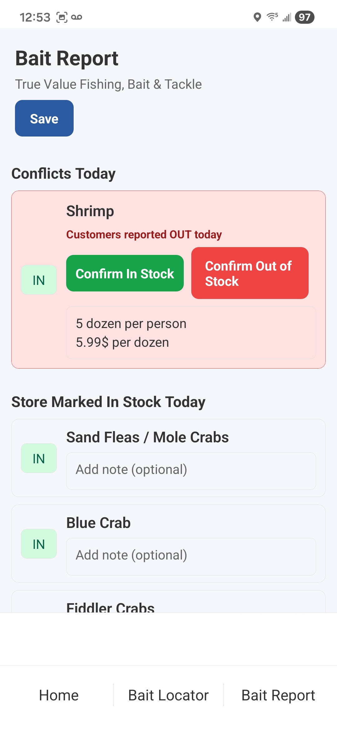 Tackle bait report with conflicts